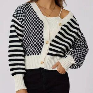 Striped Checkered Black & White Cardigan
